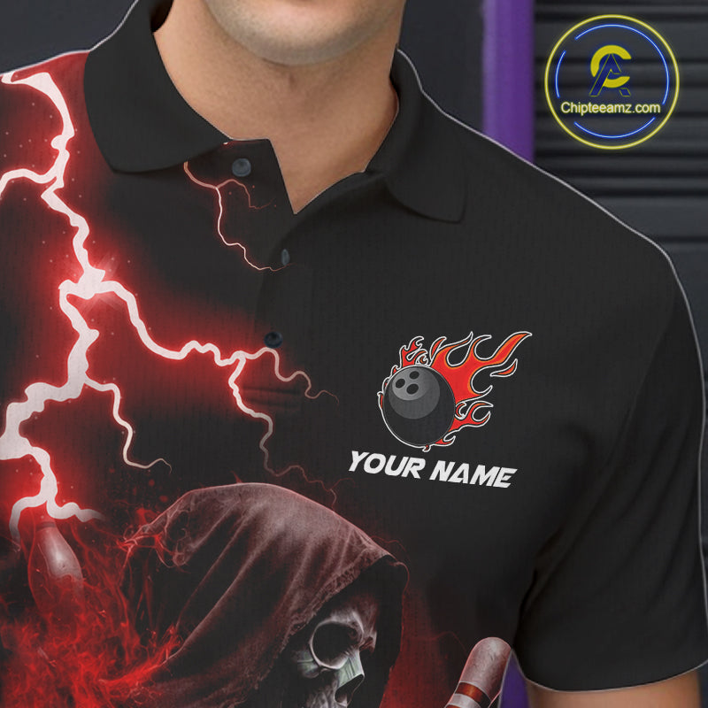 Close-up of the collar, buttons and chest detail on the red grim reaper lightning bowling polo shirt for men.