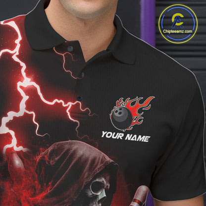 Close-up of the collar, buttons and chest detail on the red grim reaper lightning bowling polo shirt for men.