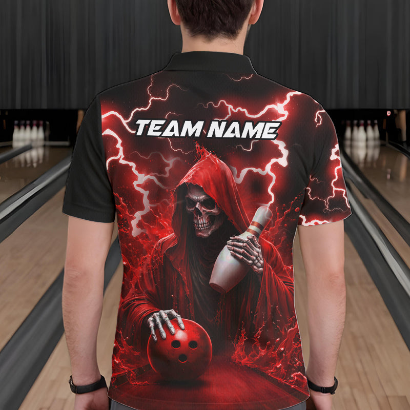 Man wearing red grim reaper lightning bowling polo shirt back view.