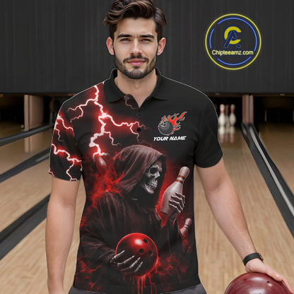 Man wearing red grim reaper lightning bowling polo shirt front view.