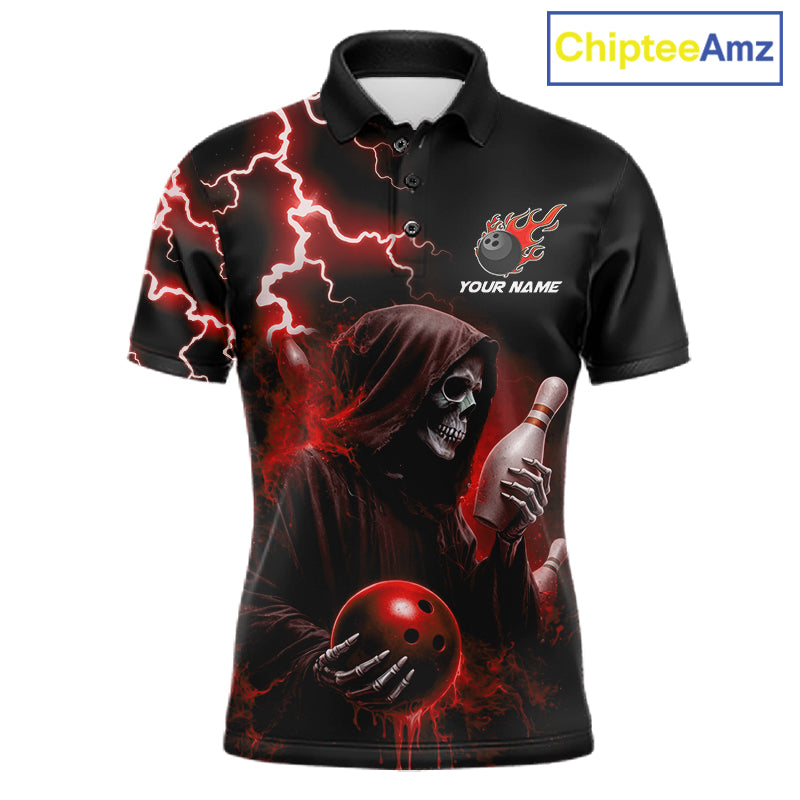 Red grim reaper lightning bowling team jersey polo shirt for men, custom bowling league apparel with skull artwork and bold lightning design.