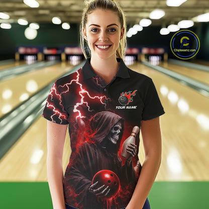 Woman wearing red grim reaper lightning bowling polo shirt front view.