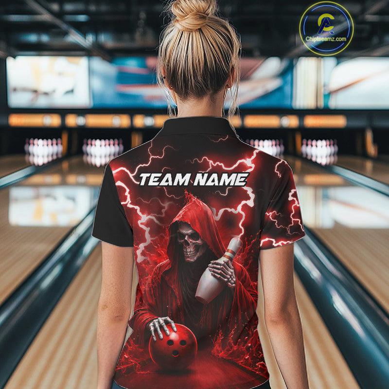 Woman wearing red grim reaper lightning bowling polo shirt back view.
