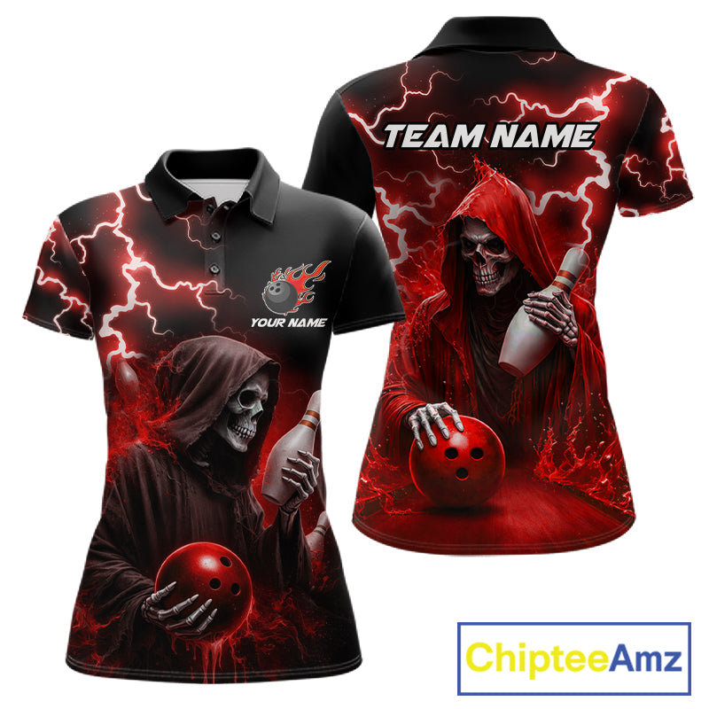 Red grim reaper lightning bowling team jersey polo shirt for women, custom bowling league apparel with skull artwork and bold lightning design.