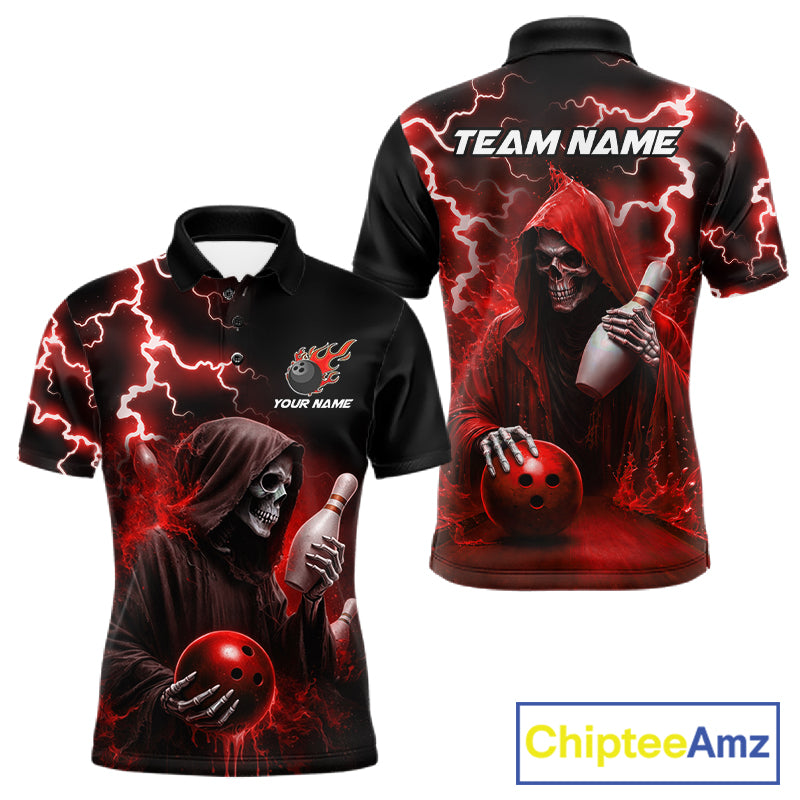 Red grim reaper lightning bowling team jersey polo shirt for men, custom bowling league apparel with skull artwork and bold lightning design.