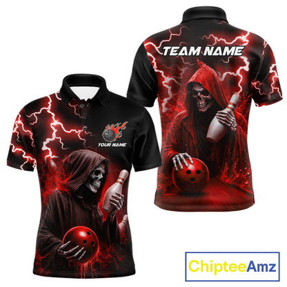 Red grim reaper lightning bowling team jersey polo shirt for men, custom bowling league apparel with skull artwork and bold lightning design.