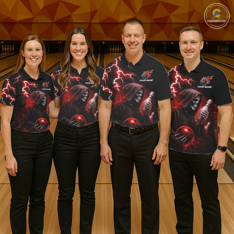 Bowling team wearing matching red grim reaper lightning bowling jerseys front view.