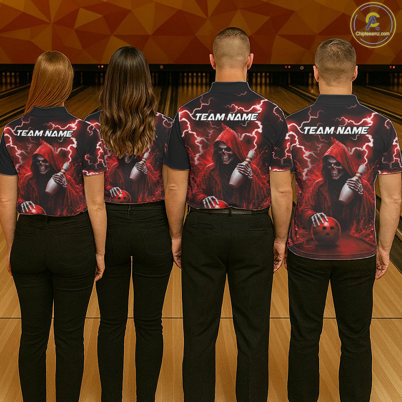 Bowling team wearing matching red grim reaper lightning bowling jerseys back view.