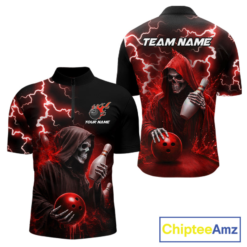 Red grim reaper lightning bowling team quarter zip shirt for men, custom bowling league jersey with grim reaper graphics.