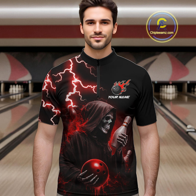 Man wearing red grim reaper lightning bowling quarter zip shirt front view.