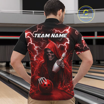 Man wearing red grim reaper lightning bowling quarter zip shirt back view.
