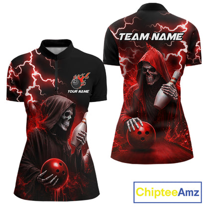 Red grim reaper lightning bowling team quarter zip shirt for women, custom bowling league jersey with grim reaper graphics.