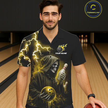 Man wearing yellow grim reaper thunder lightning bowling Hawaiian shirt front view.