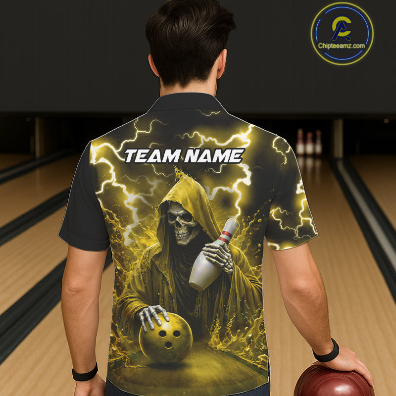 Man wearing yellow grim reaper thunder lightning bowling Hawaiian shirt back view.