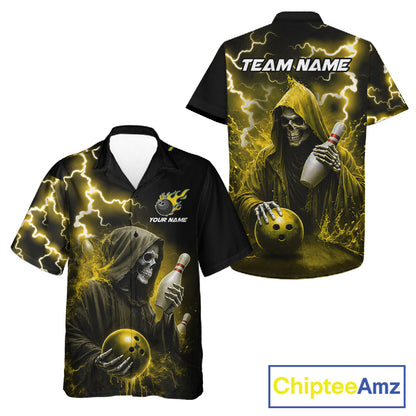 Yellow grim reaper thunder lightning bowling Hawaiian shirt front and back view for men and women, custom bowling league aloha shirt with skull artwork and yellow lightning design.