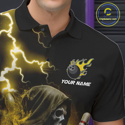 Close-up of the collar, buttons and chest detail on the yellow grim reaper lightning bowling polo shirt for men.