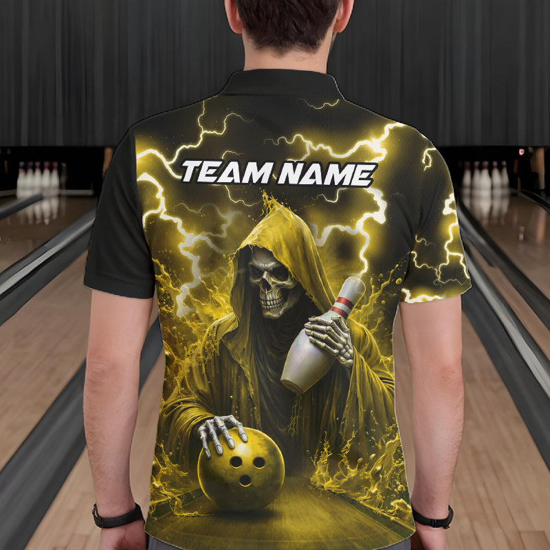 Man wearing yellow grim reaper lightning bowling polo shirt back view.