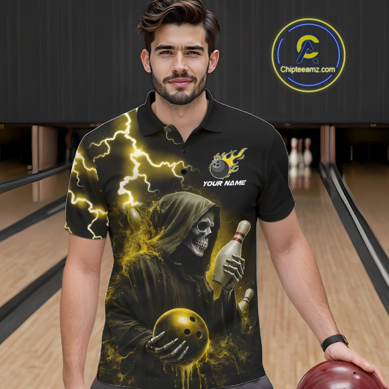 Man wearing yellow grim reaper lightning bowling polo shirt front view.