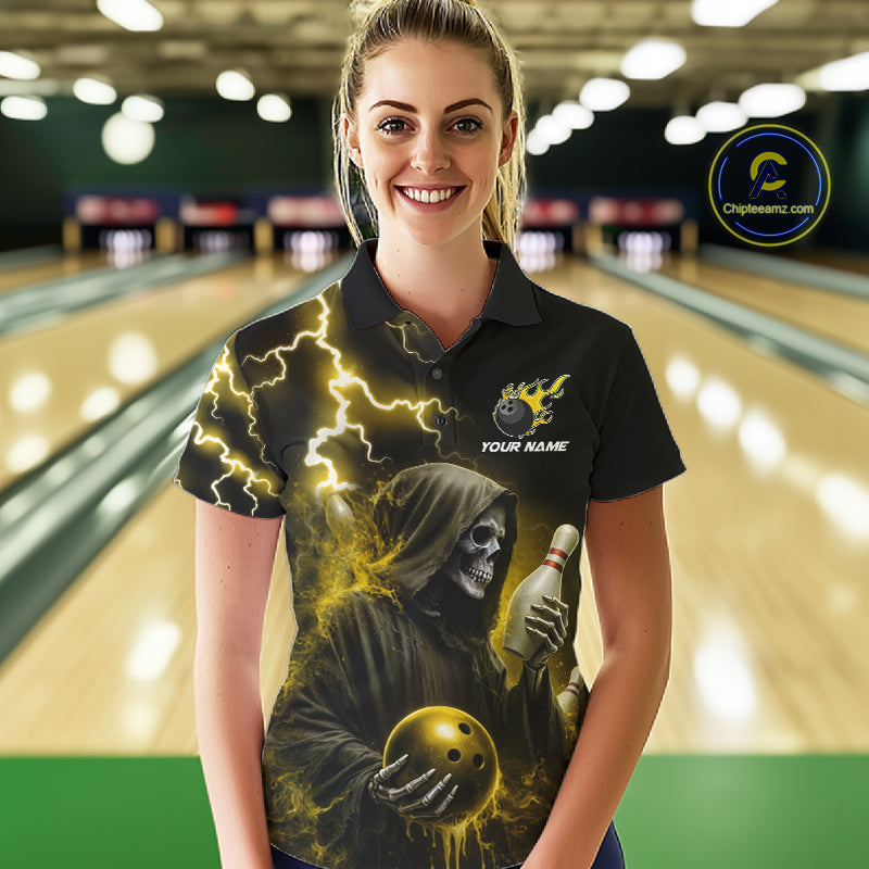 Woman wearing yellow grim reaper lightning bowling polo shirt front view.