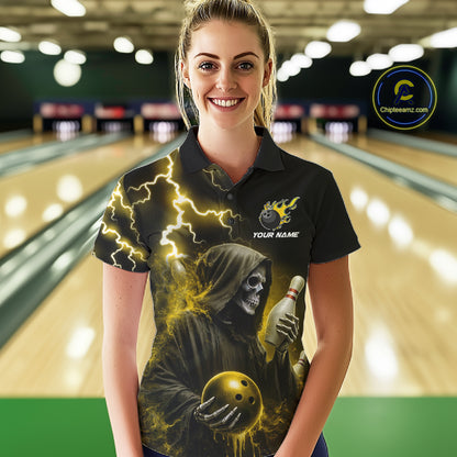Woman wearing yellow grim reaper lightning bowling polo shirt front view.