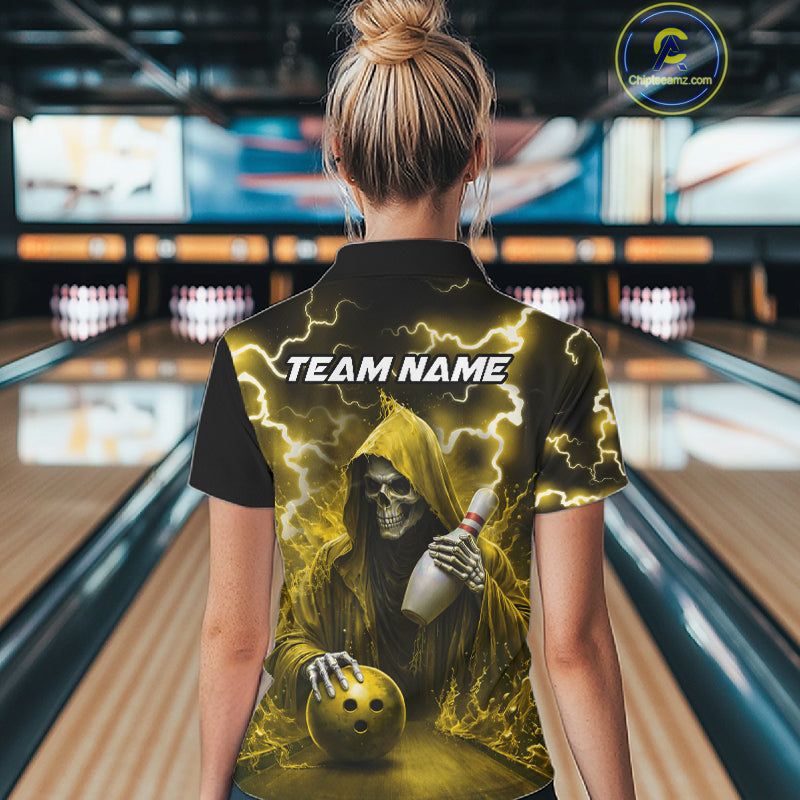 Woman wearing yellow grim reaper lightning bowling polo shirt back view.