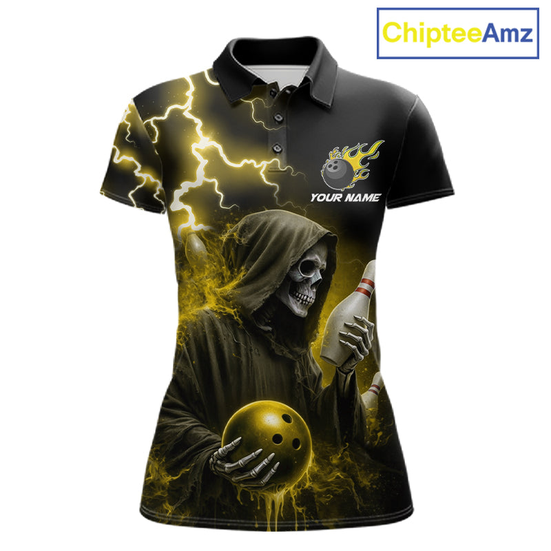 Yellow grim reaper lightning bowling team jersey polo shirt for women, custom bowling league apparel with skull design and tournament-ready style.
