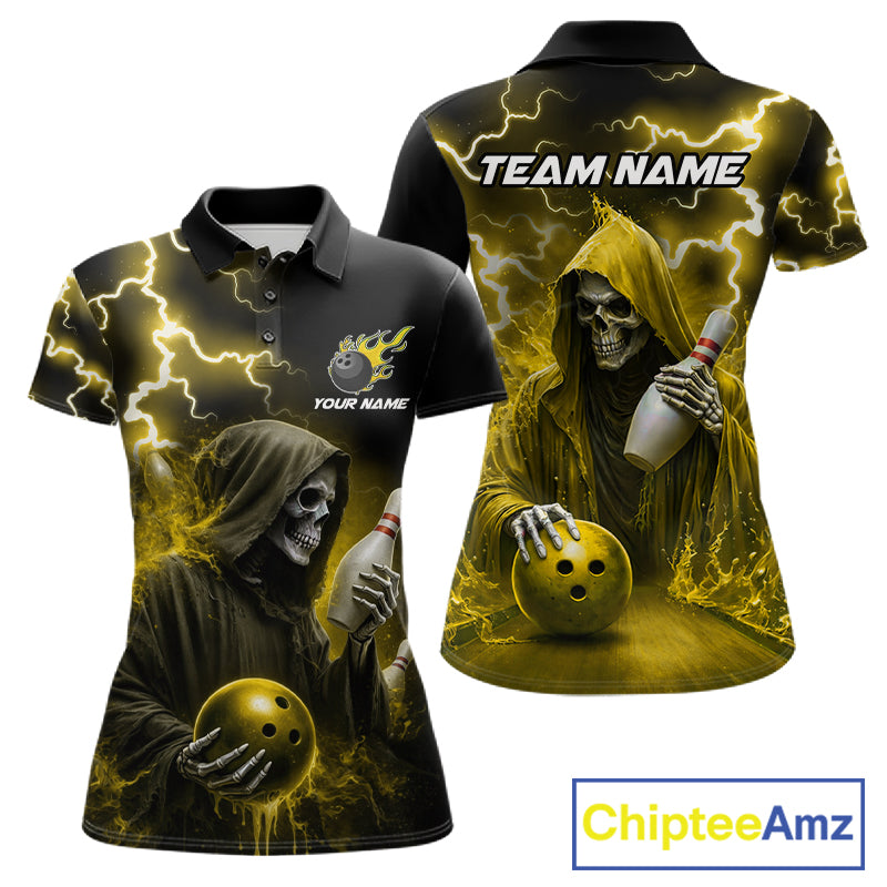 Yellow grim reaper lightning bowling team jersey polo shirt for women, custom bowling league apparel with skull design and tournament-ready style.