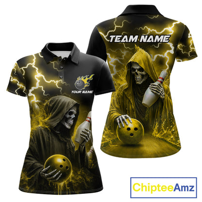 Yellow grim reaper lightning bowling team jersey polo shirt for women, custom bowling league apparel with skull design and tournament-ready style.