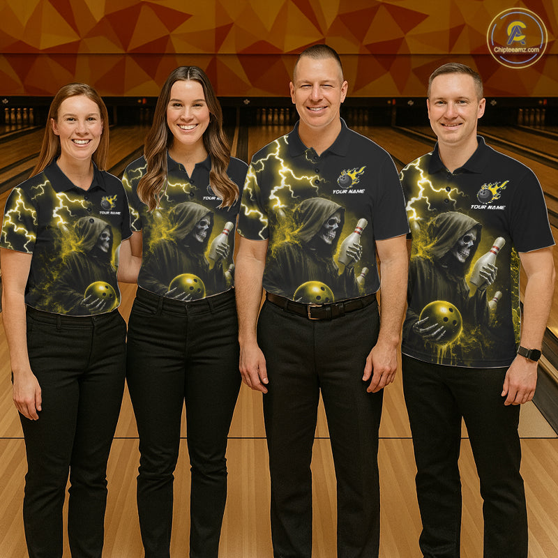 Bowling team wearing matching yellow grim reaper lightning bowling jerseys front view.