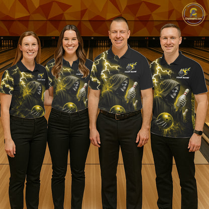 Bowling team wearing matching yellow grim reaper lightning bowling jerseys front view.