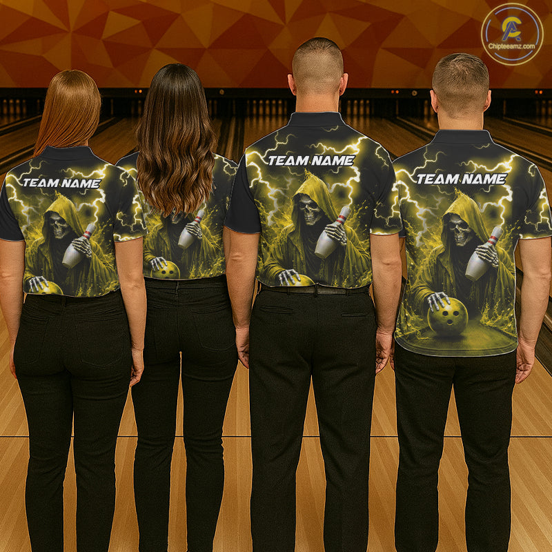Bowling team wearing matching yellow grim reaper lightning bowling jerseys back view.
