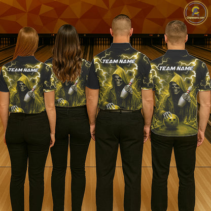 Bowling team wearing matching yellow grim reaper lightning bowling jerseys back view.