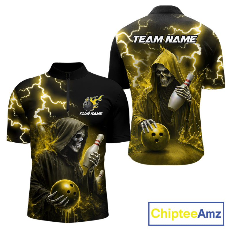 Yellow grim reaper lightning bowling team quarter zip shirt for men, custom bowling league jersey with grim reaper artwork.