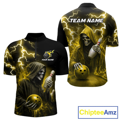 Yellow grim reaper lightning bowling team quarter zip shirt for men, custom bowling league jersey with grim reaper artwork.