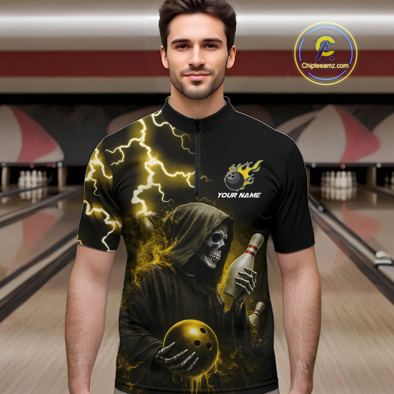 Man wearing yellow grim reaper lightning bowling quarter zip shirt front view.