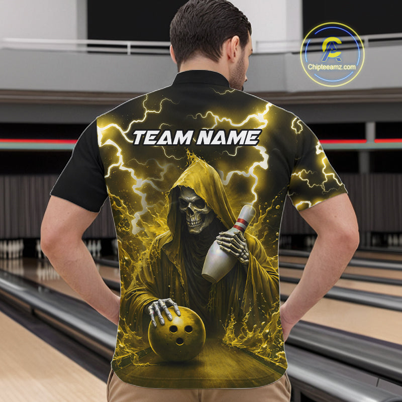 Man wearing yellow grim reaper lightning bowling quarter zip shirt back view.