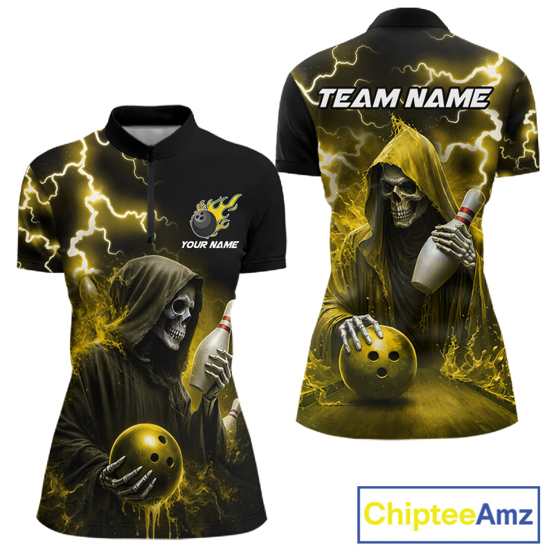 Yellow grim reaper lightning bowling team quarter zip shirt for women, custom bowling league jersey with grim reaper artwork.