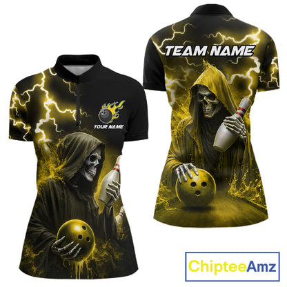 Yellow grim reaper lightning bowling team quarter zip shirt for women, custom bowling league jersey with grim reaper artwork.