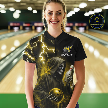 Woman wearing yellow grim reaper lightning bowling quarter zip shirt front view.