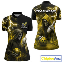 Load image into Gallery viewer, Yellow grim reaper lightning bowling team quarter zip shirt for women, custom bowling league jersey with grim reaper artwork.