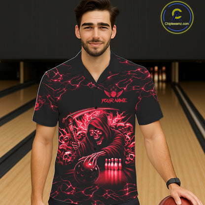 Man wearing red grim reaper thunder lightning bowling Hawaiian shirt front view.