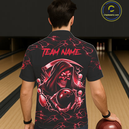 Man wearing red grim reaper thunder lightning bowling Hawaiian shirt back view.