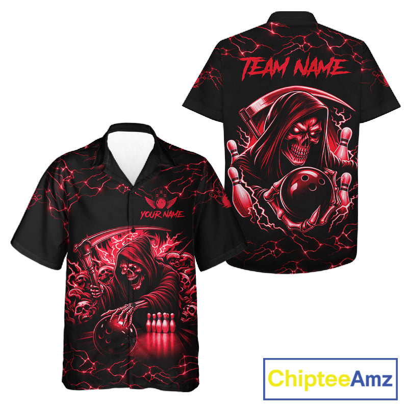 Red grim reaper thunder lightning bowling Hawaiian shirt front and back view for men and women, custom skull bowling league aloha shirt with dramatic red lightning design.