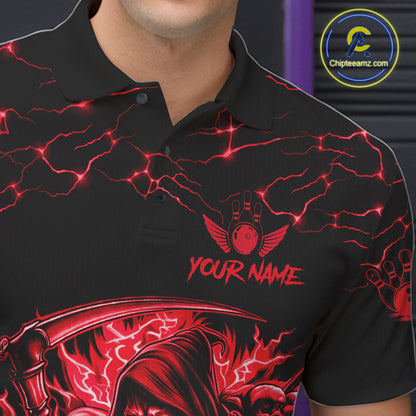Close-up of the collar, buttons and chest detail on the custom red grim reaper lightning bowling polo shirt for men.