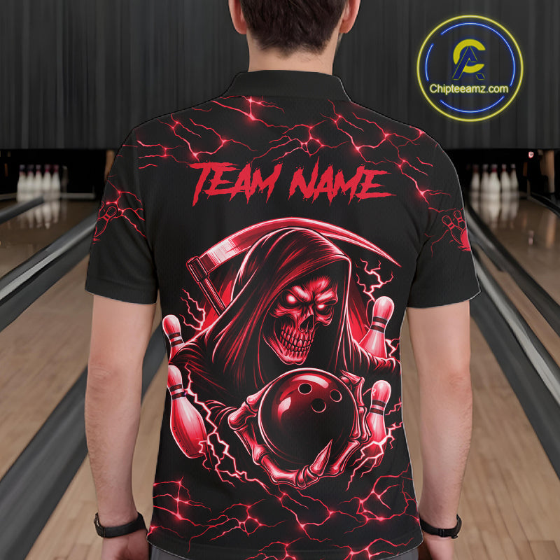 Man wearing custom red grim reaper lightning bowling polo shirt back view.