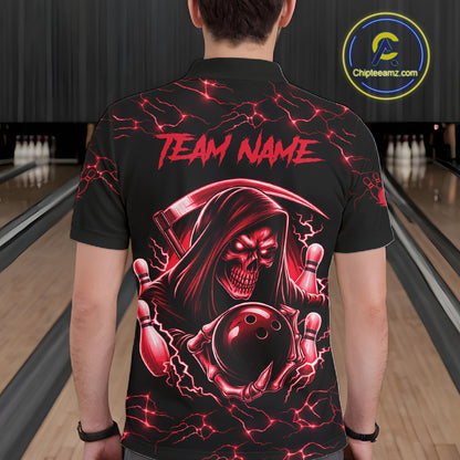 Man wearing custom red grim reaper lightning bowling polo shirt back view.