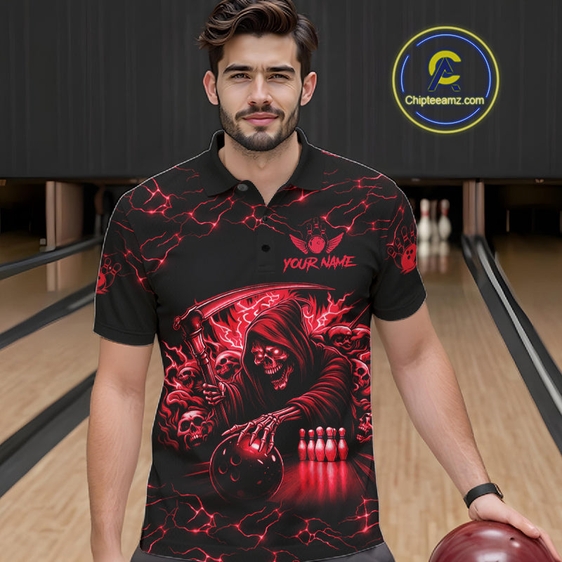 Man wearing custom red grim reaper lightning bowling polo shirt front view.