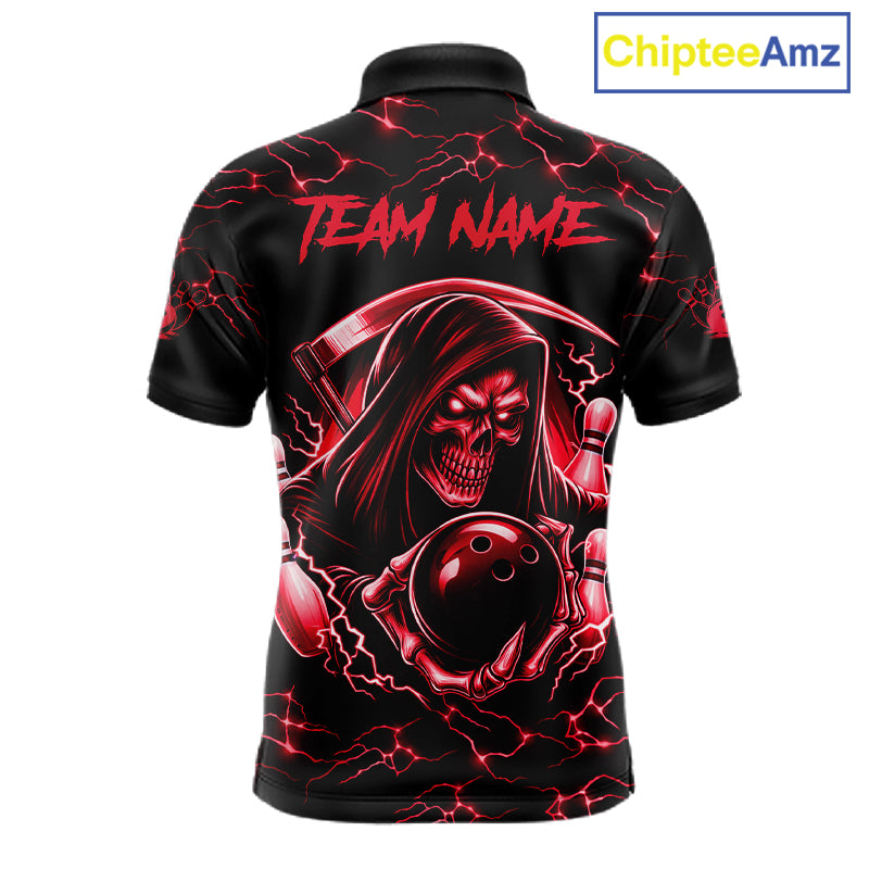 Custom red grim reaper lightning bowling team jersey polo shirt for men, skull bowling league apparel with bold lightning graphics.
