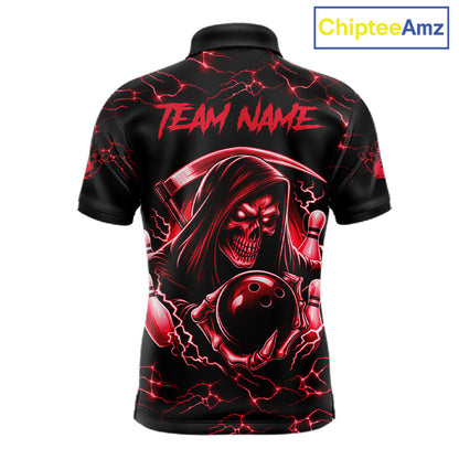Custom red grim reaper lightning bowling team jersey polo shirt for men, skull bowling league apparel with bold lightning graphics.