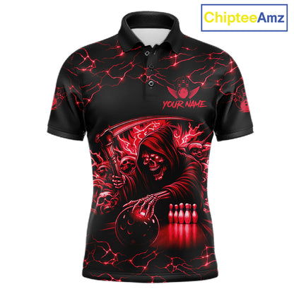 Custom red grim reaper lightning bowling team jersey polo shirt for men, skull bowling league apparel with bold lightning graphics.